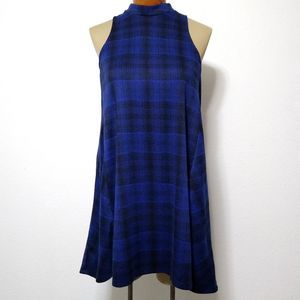 Trixxi navy and blue plaid mock neck A-line dress
